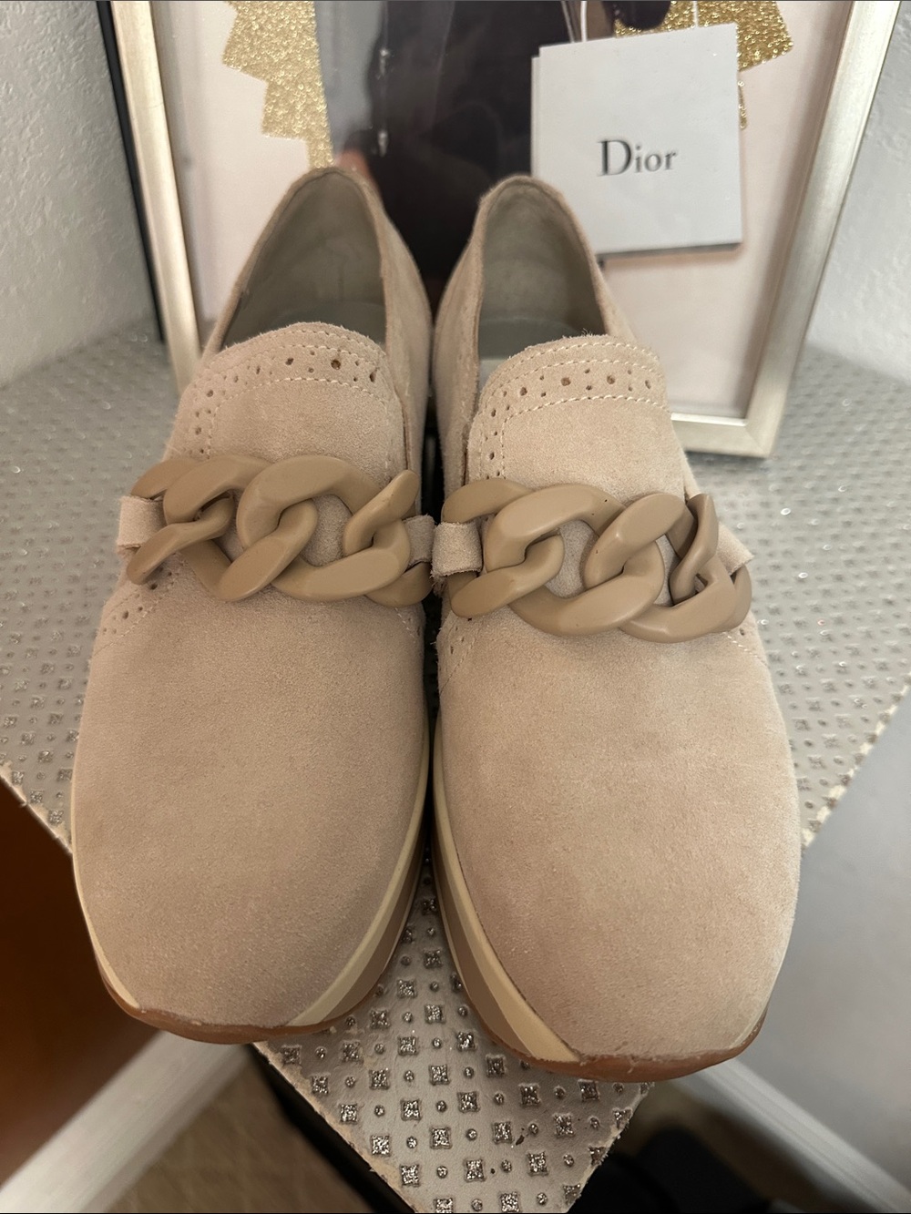 Dolce Vita Taupe Suede Chain-Trim Loafers